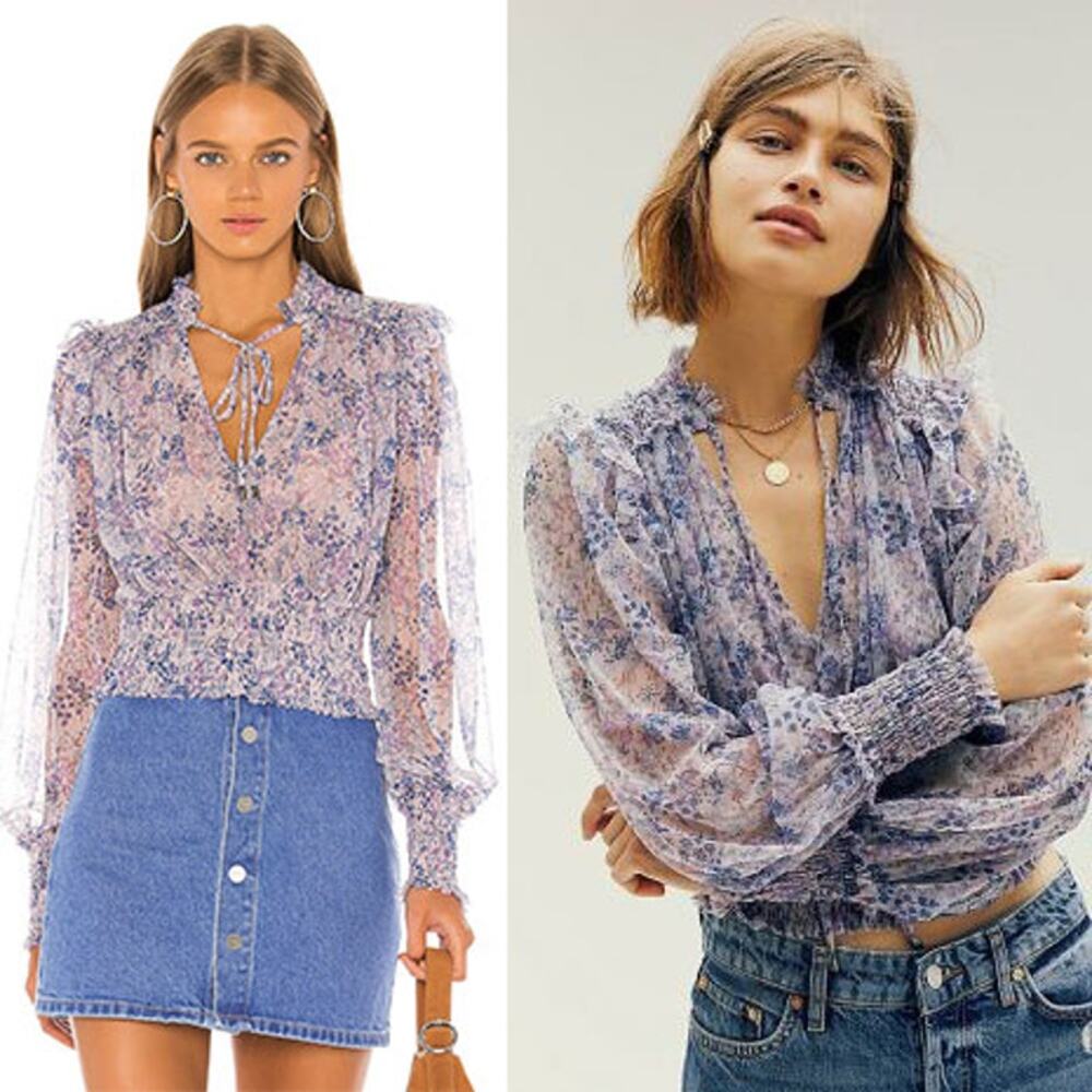 Free People Twyla Floral Sheer Smocked Puff Sleeve Blouse Lilac Size S Boho
